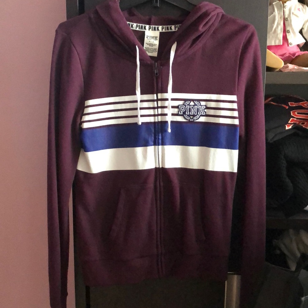 Victoria’s Secret Pink Full Zip Burgundy Sailor Striped Hoodie Size Small
